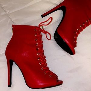 RED PU LEATHER OPEN TOE LACE UP BOOTIES
